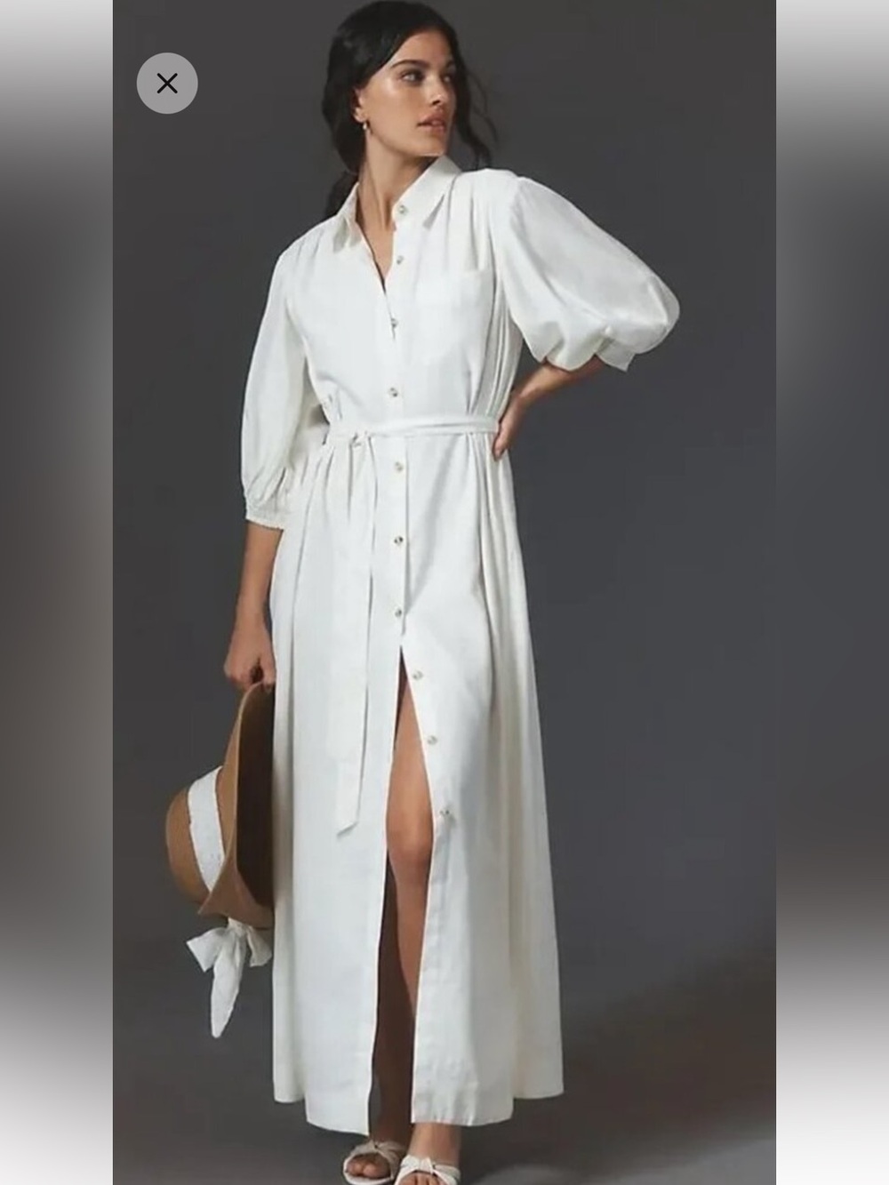 Maeve Anthropologie White Linen Blend Puff Sleeve Belted Maxi Shirt Dress L